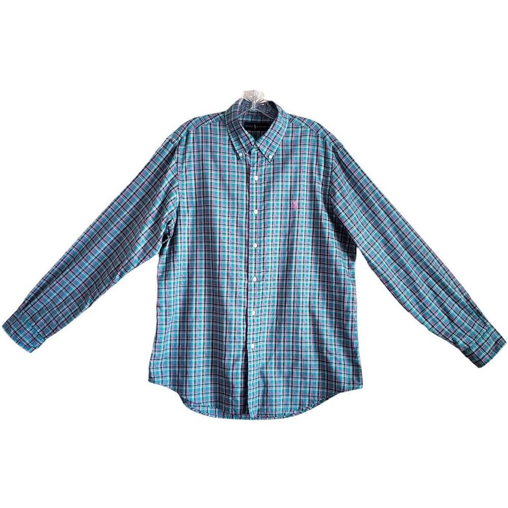 RALPH LAUREN Men's L Shirt Plaid Green Pink Button Down Pony Logo Cotton 46"